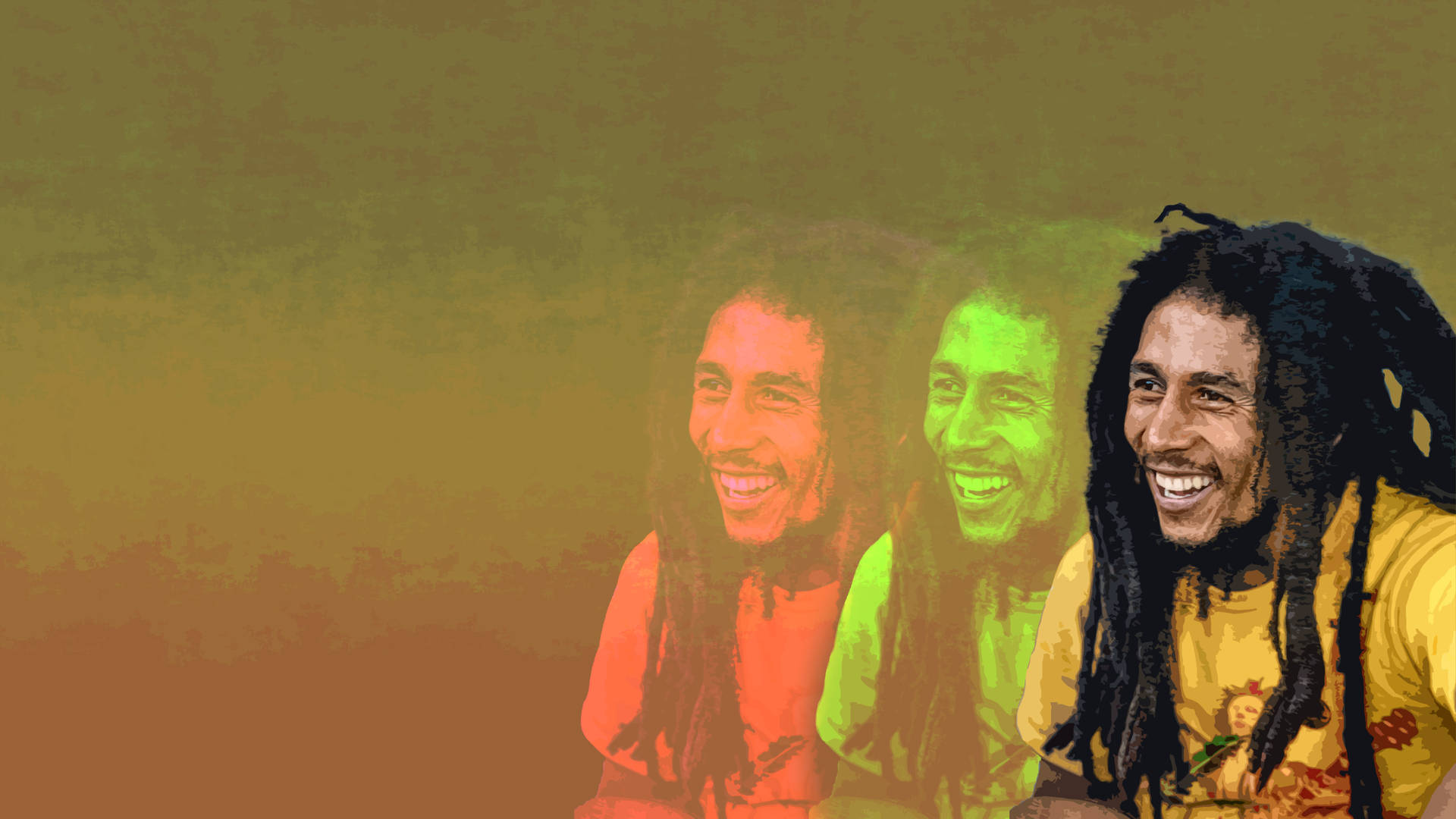 三個層疊的 Bob Marley 肖像，以紅、綠、黃色調微笑。