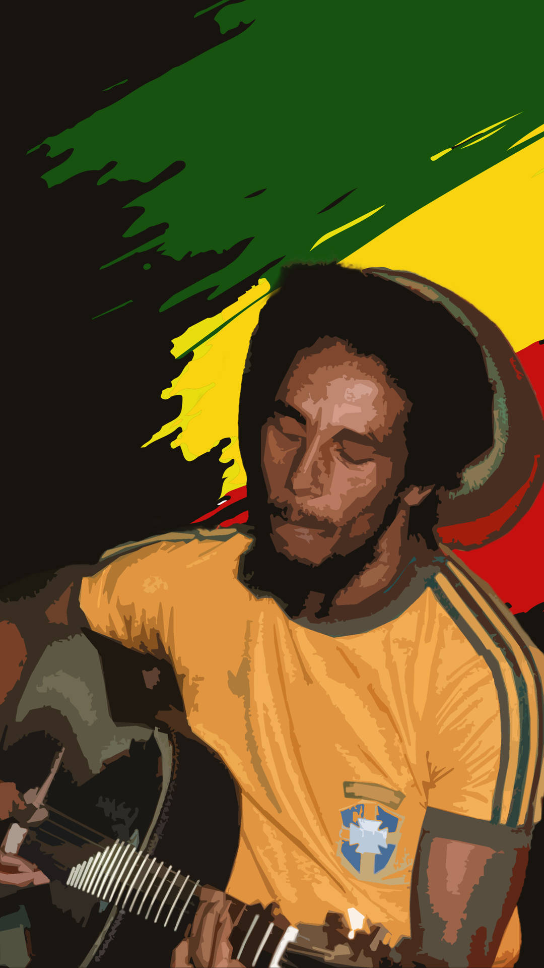 Bob Marley 在色彩繽紛的背景前彈結他