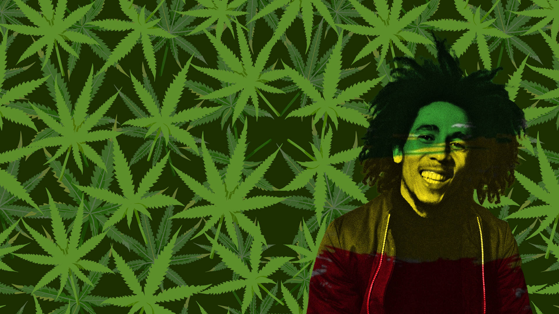 一個微笑、梳著辮子的人，背景是綠色大麻葉。