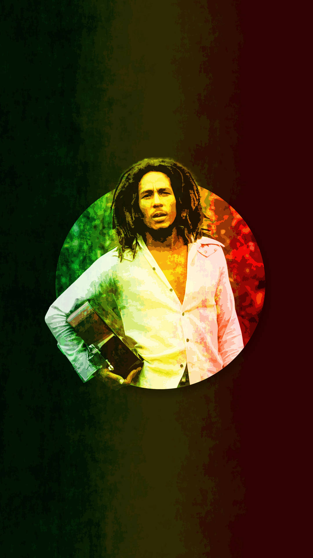 Bob Marley 在色彩繽紛的圓形肖像中手持結他。