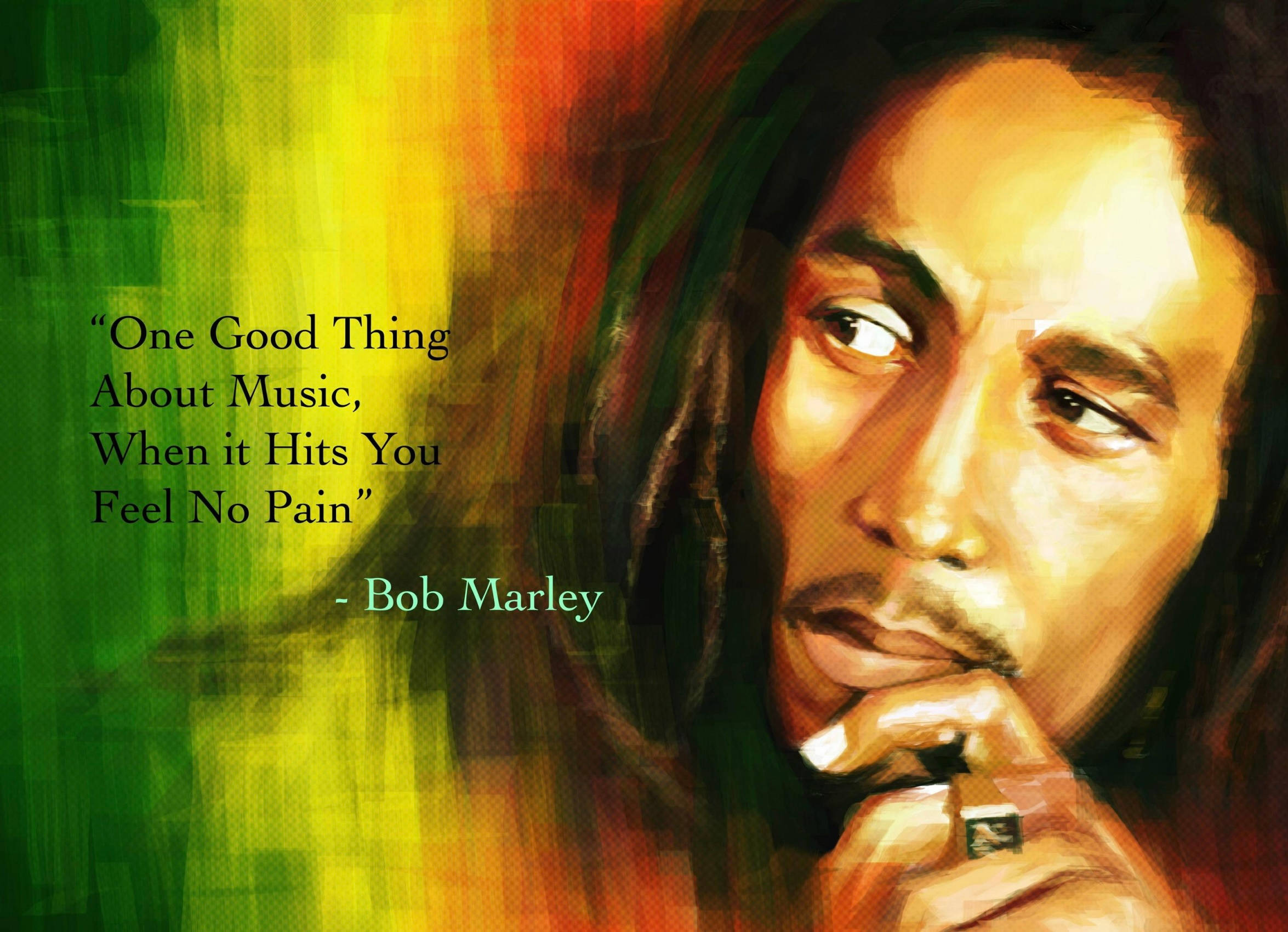 鮑勃·馬利音樂金句 壁紙 — Bob Marley 的風格化肖像，背景為鮮豔的綠色、黃色和紅色，並附有他關於音樂的名言。
