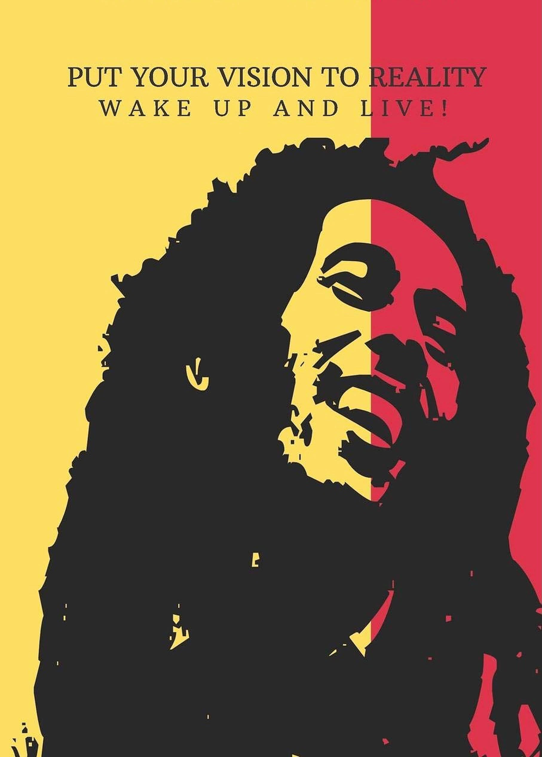 鮑勃·馬利黃紅色調名言 壁紙 — 大膽的圖形海報，Bob Marley 的臉被黃色和紅色分割，帶有勵志文字。