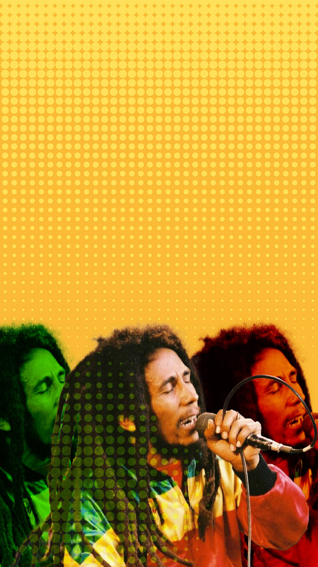 Bob Marley 留著雷鬼辮，拿著咪高峰，在黃色半色調背景前表演。