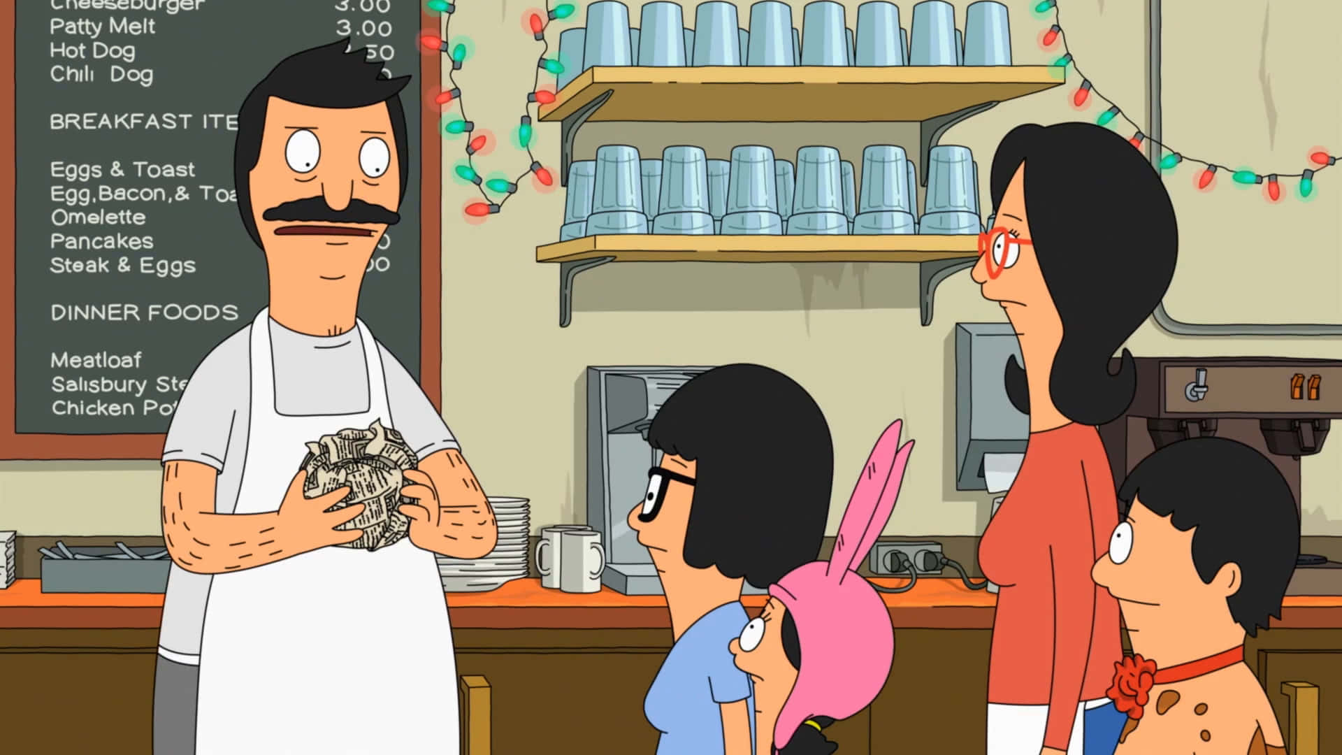 鮑勃揉皺報紙的Bob's Burgers背景 壁紙 — Bob Belcher 喺佢間餐廳嘅櫃檯後面拎住一個亂糟糟嘅漢堡，而佢嘅家人就帶住 amused 嘅表情等緊。