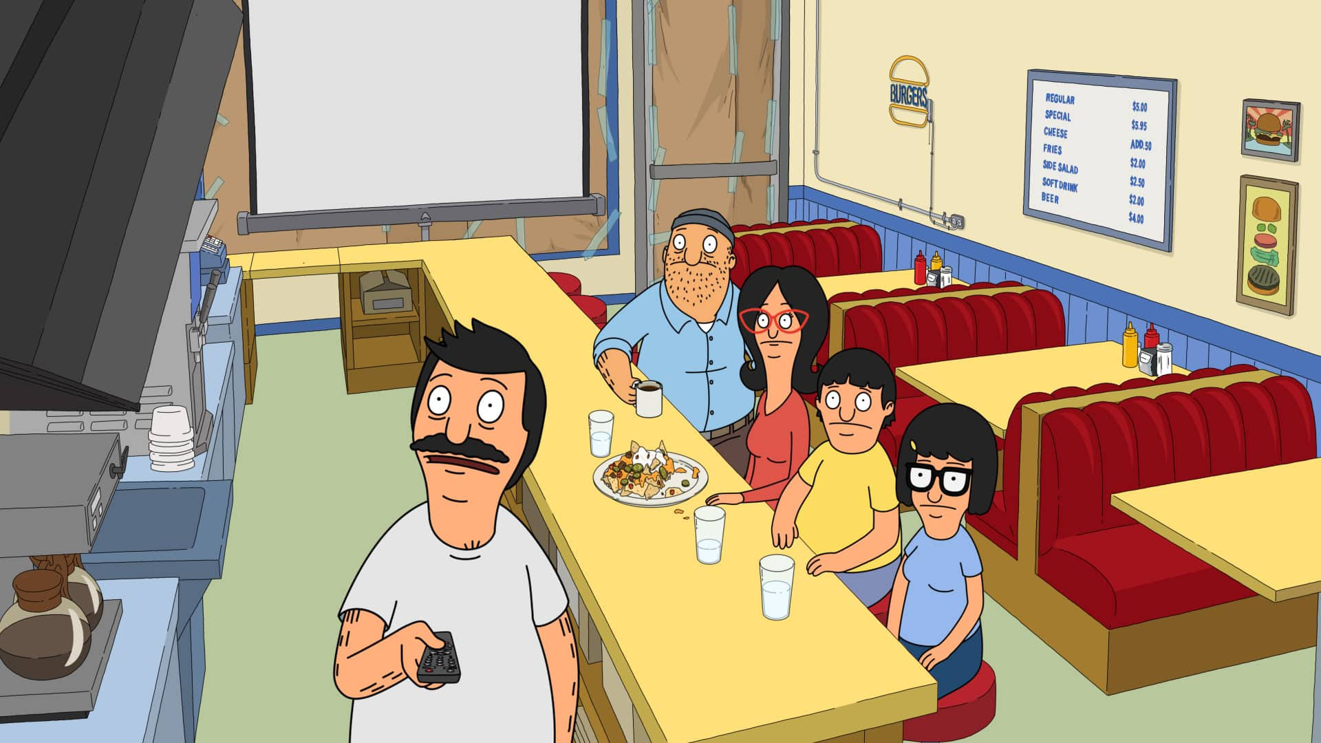 Bob's Burgers 一家在餐廳櫃檯前享用食物和飲料。
