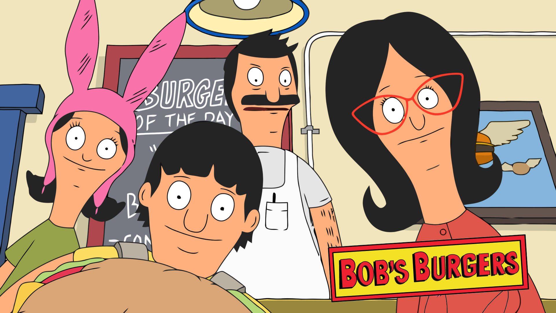 Bob's Burgers 一家人在他們的餐廳裡，與一個巨型漢堡和標誌牌。