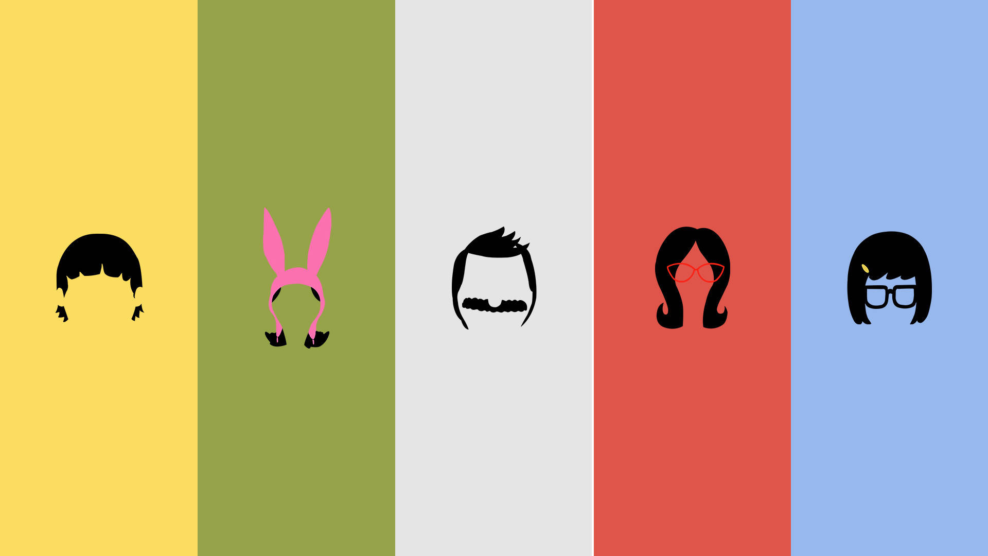 五個 Bob's Burgers 角色以黑色剪影形式呈現於彩色條紋上。
