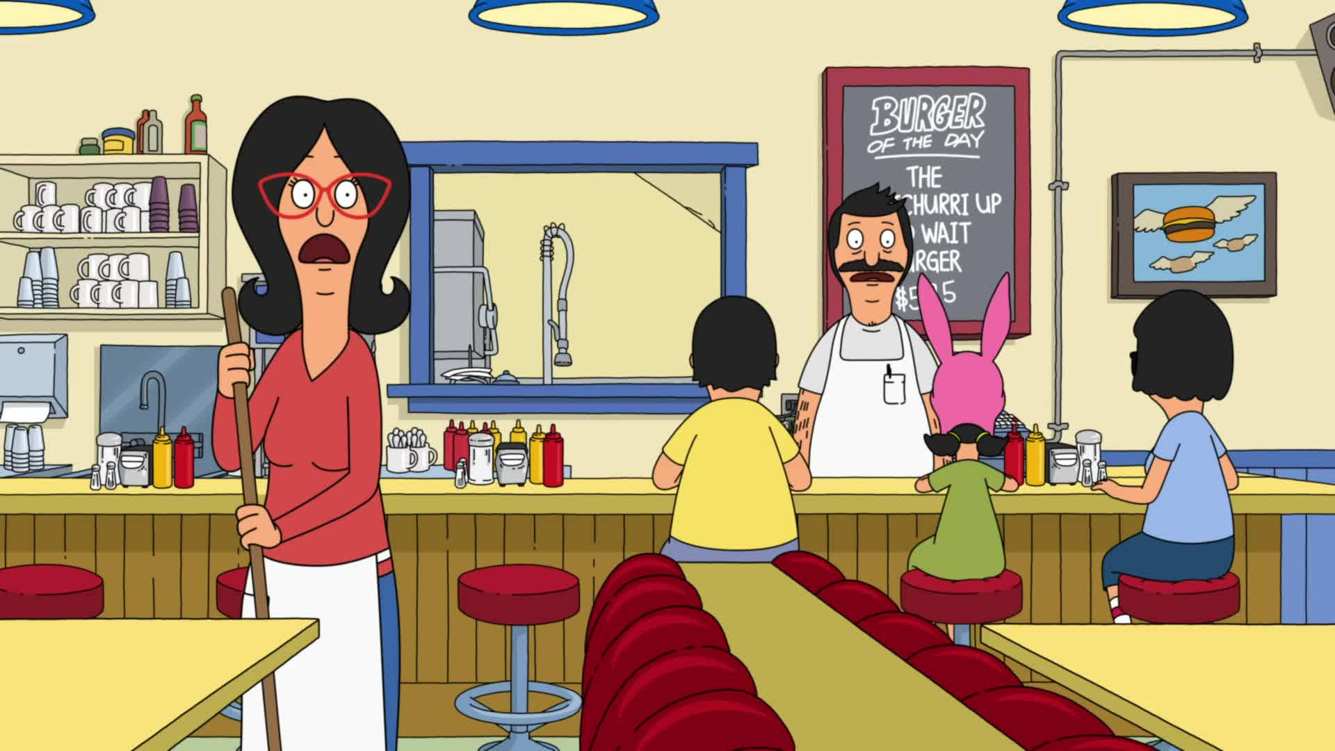 Bob's Burgers 角色在一個有紅色凳子和黑板菜單的復古餐廳裡。