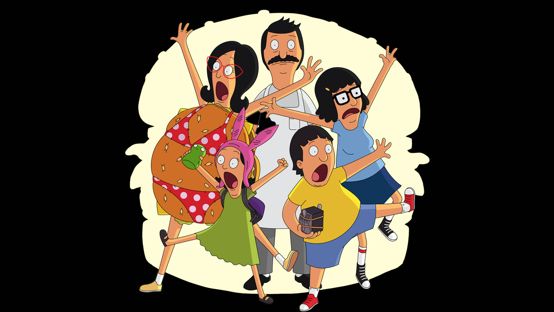 Bob's Burgers 家庭卡通角色興奮地擺姿勢，穿著食物主題的服裝。