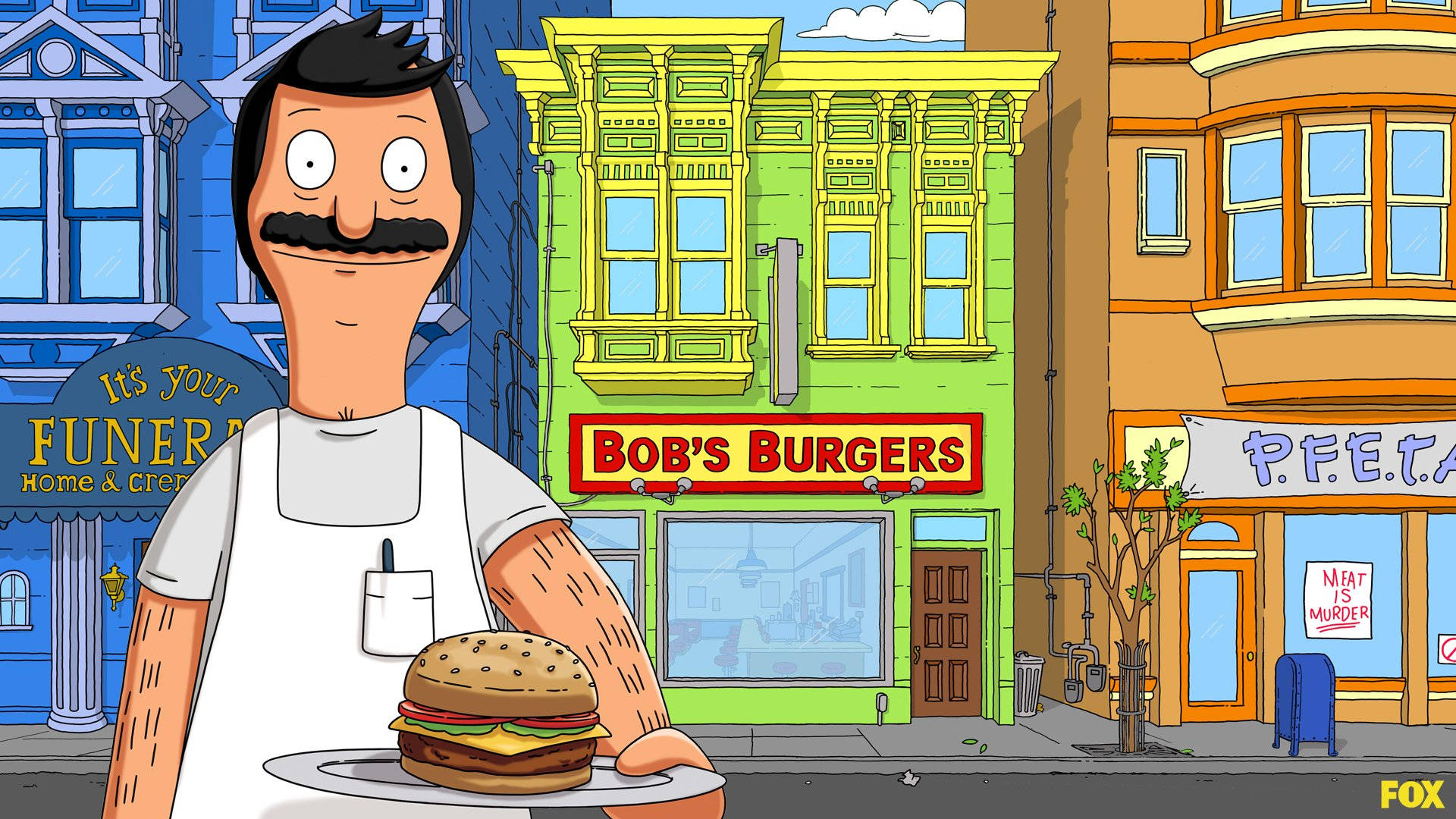 Bob Belcher 在 Bob's Burgers 餐廳前拿著一個漢堡。