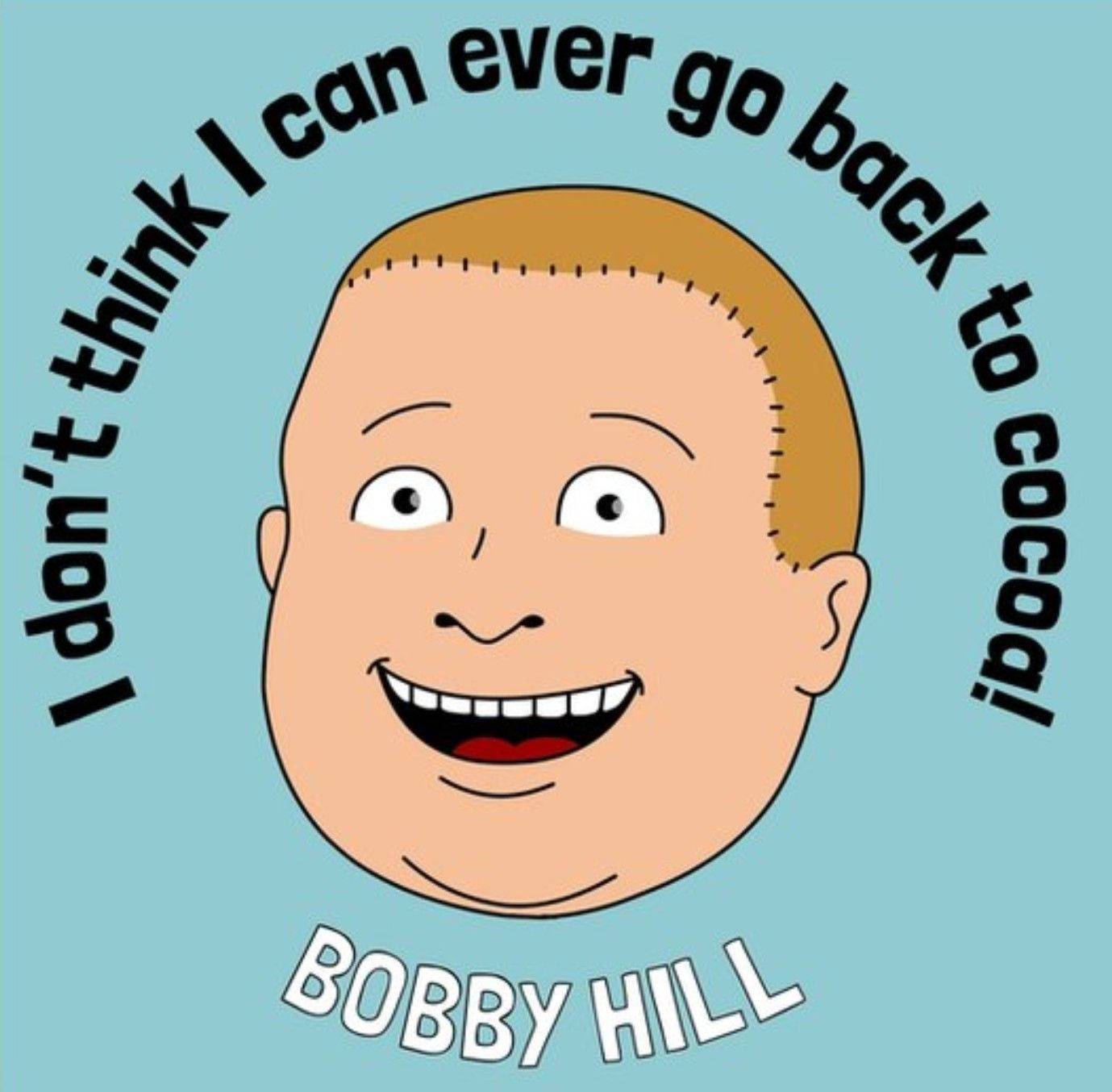 鮑比·希爾椰子髮型 壁紙 — 卡通角色 Bobby Hill 咧嘴大笑，頭髮縫合，背景為青綠色，周圍環繞文字。