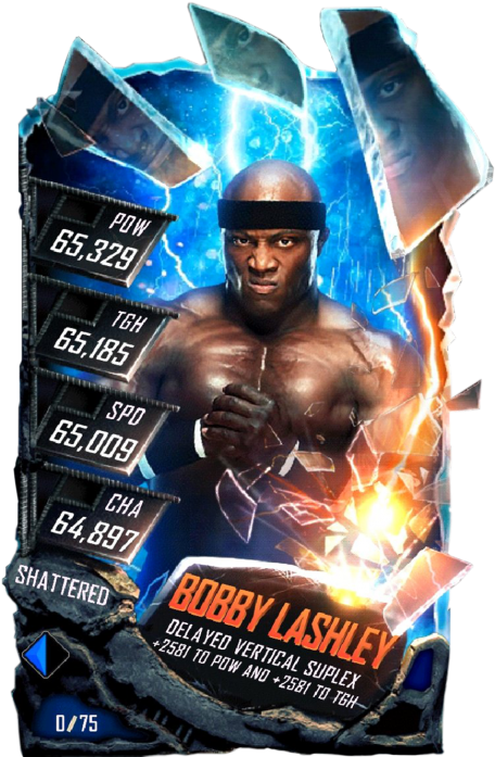 鮑比·拉什利摔角收藏卡 壁紙 — 一位名叫 Bobby Lashley 的肌肉發達的摔角手，帶著發光的統計數據和火熱的能量衝破碎玻璃效果。