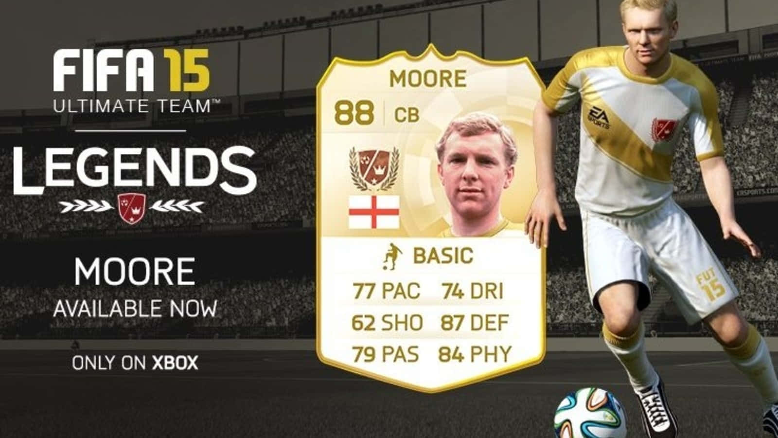 鮑比·摩爾於FIFA 15 Ultimate Team Legends 壁紙 — FIFA 15 Ultimate Team Legends 卡， featuring 足球員 Moore 喺球場，附有統計數據同 'available now' 字樣。