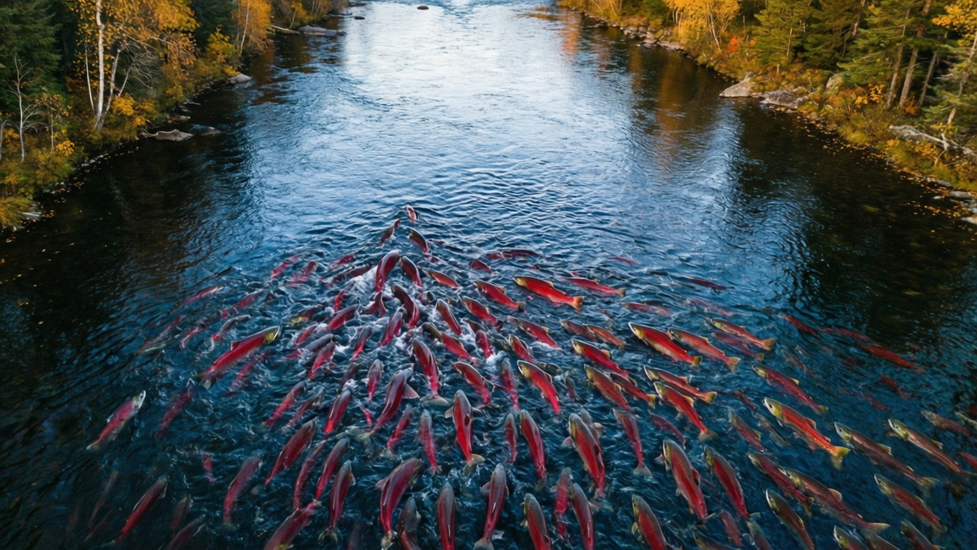 森林河流中逆流而上的鮭魚。