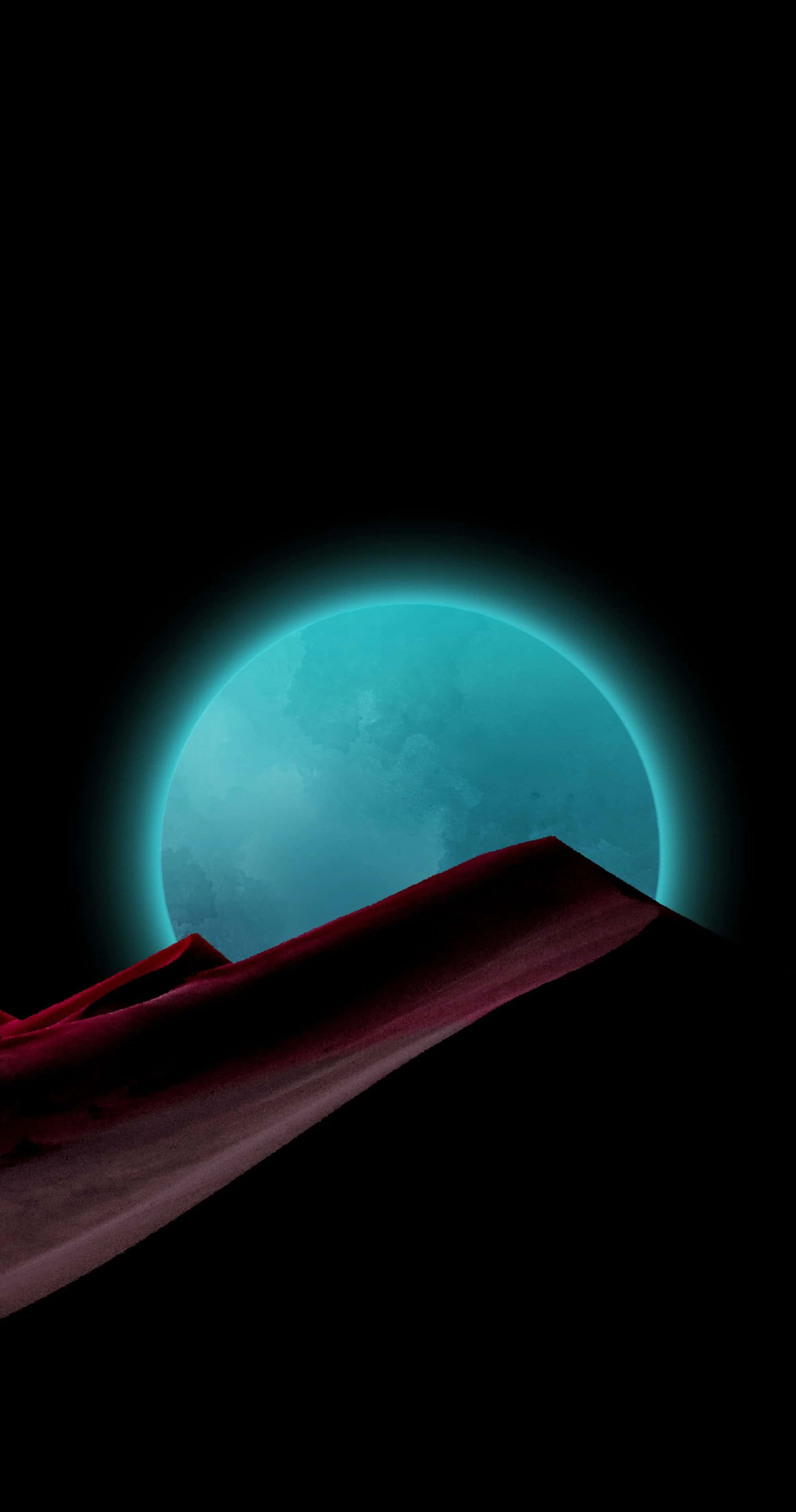 鮮明清晰的 AMOLED 顯示 壁紙 — 一顆發光的青色行星在鋸齒狀的紅色山脊後方升起，背景是黑色虛空。