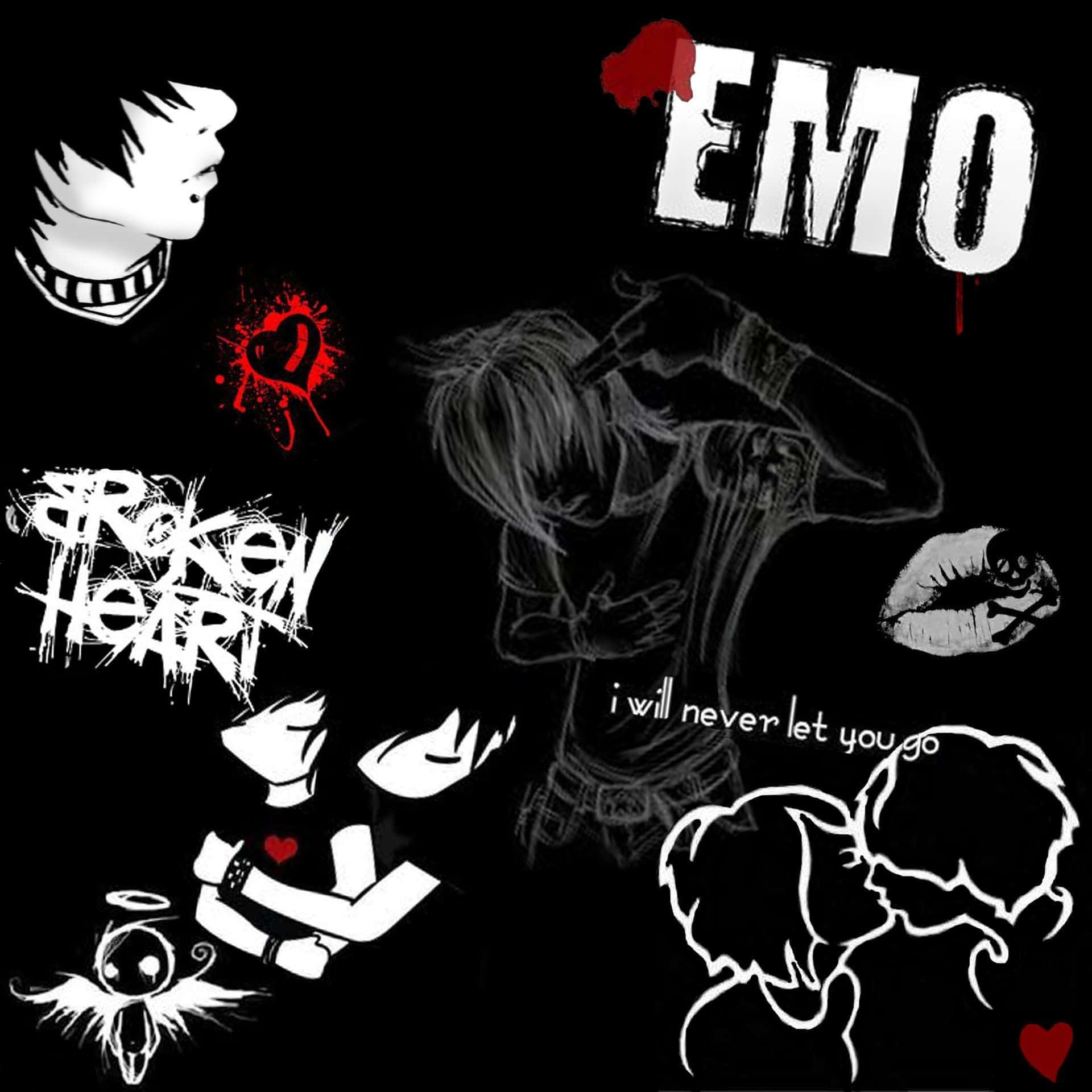 emo 桌布 壁紙 — 鮮明的黑色背景上，有白色和紅色的emo主題插圖，包括一個有尖刺頭髮的人、一顆破碎的心，以及帶有滴血效果的'EMO'字樣。