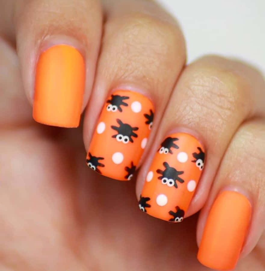 Halloween Nail Art 桌布 壁紙 — 鮮橙色啞光指甲特寫，裝飾有可愛的黑色蜘蛛和白色圓點萬聖節設計。