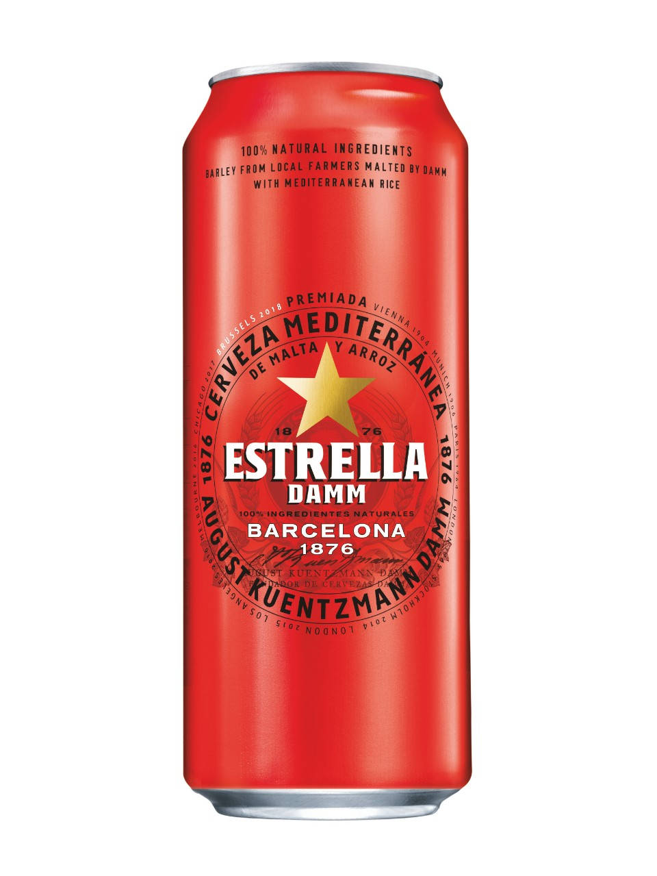 紅色 Estrella Damm 啤酒罐，帶有金色星星標誌和白色文字。