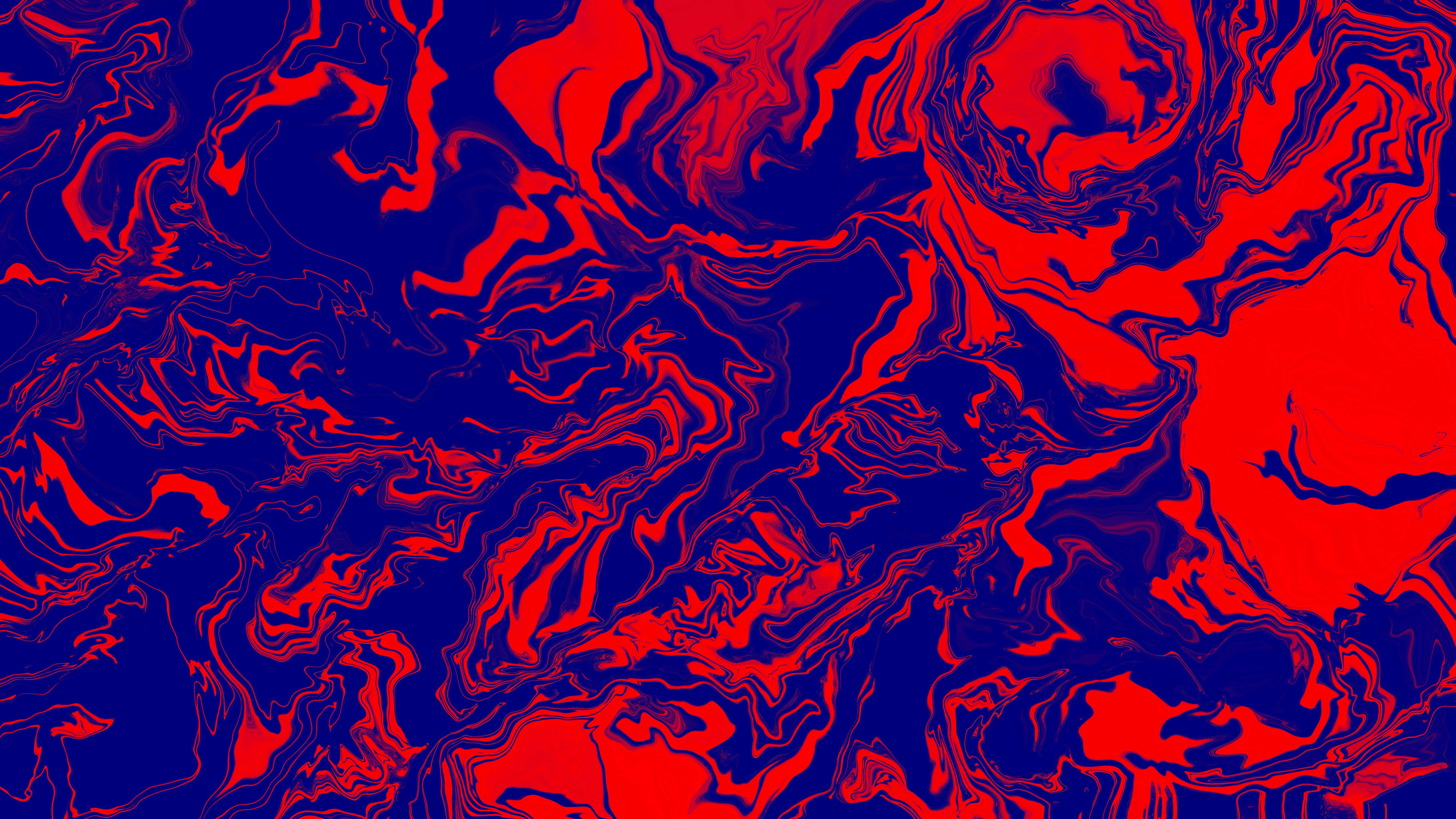 8K 桌布 壁紙 — 鮮紅色和深藍色液體在混亂但迷人的抽象圖案中旋轉。
