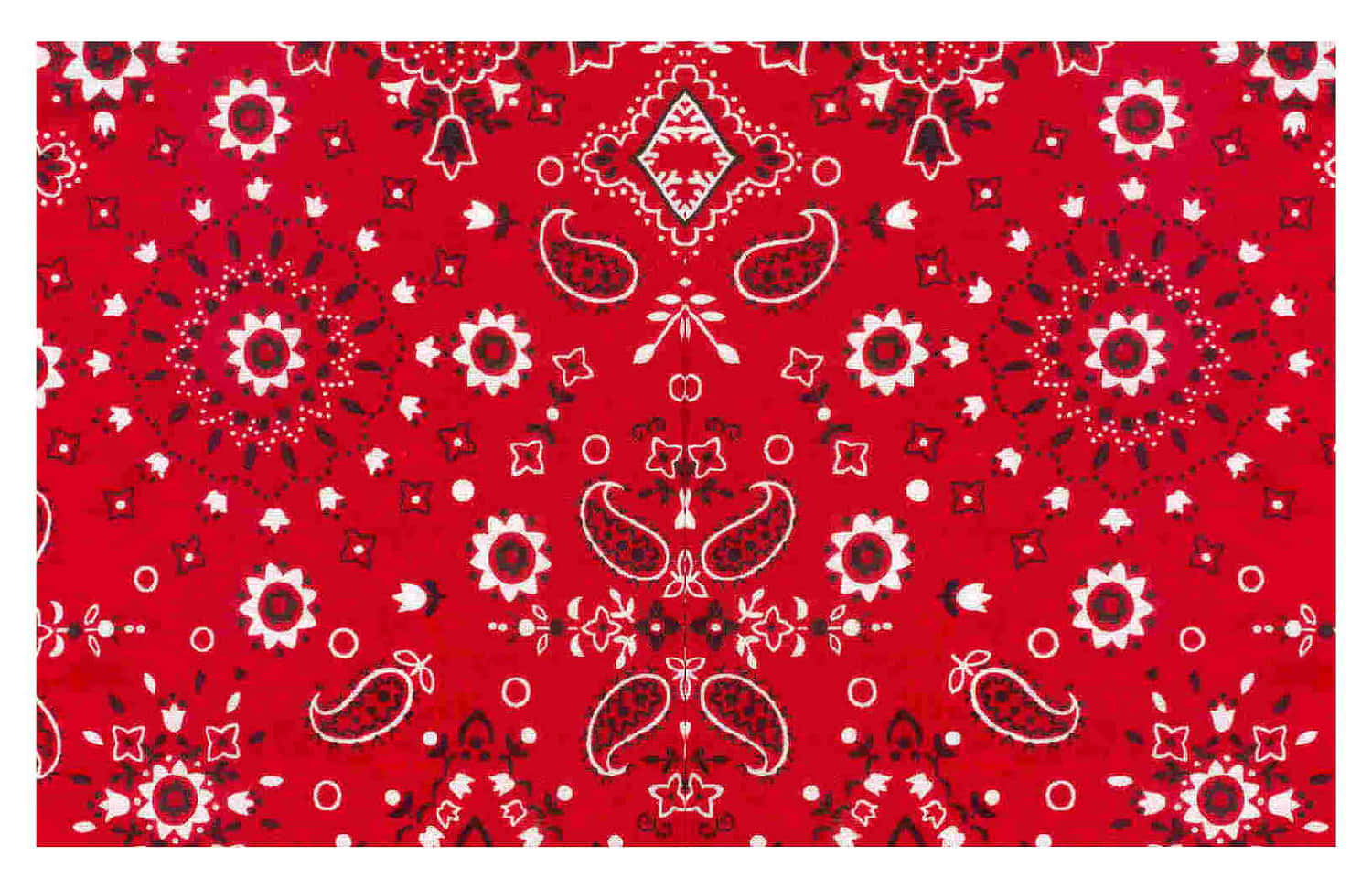 bandana 桌布 壁紙 — 鮮紅色嘅班丹娜圖案，有白色同黑色嘅佩斯利花、鈴鐺同幾何形狀，對稱重複。