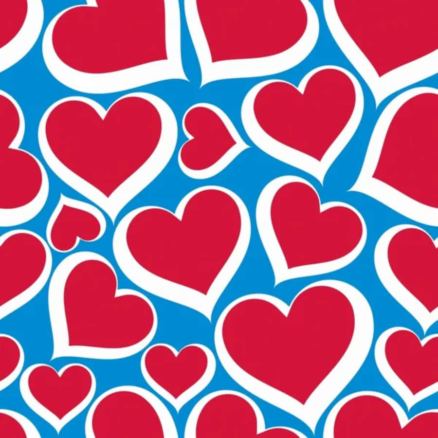 Heart Pattern 桌布 壁紙 — 鮮紅色心形圖案帶白色輪廓，在鮮藍色背景上以俏皮的重複圖案漂浮。