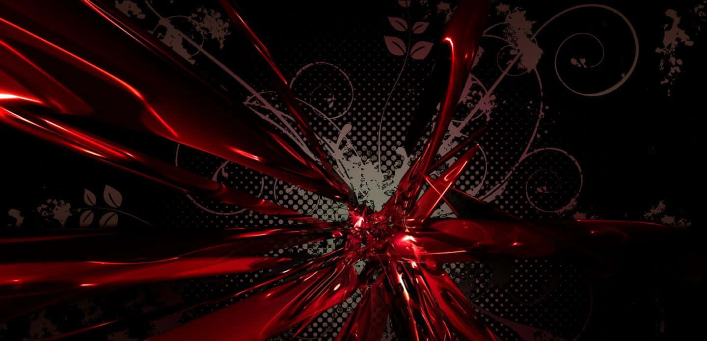 Red Abstract 桌布 壁紙 — 鮮紅色液體狀條紋從中心點爆發，背景為黑色，帶有白色花卉和圓點圖案。