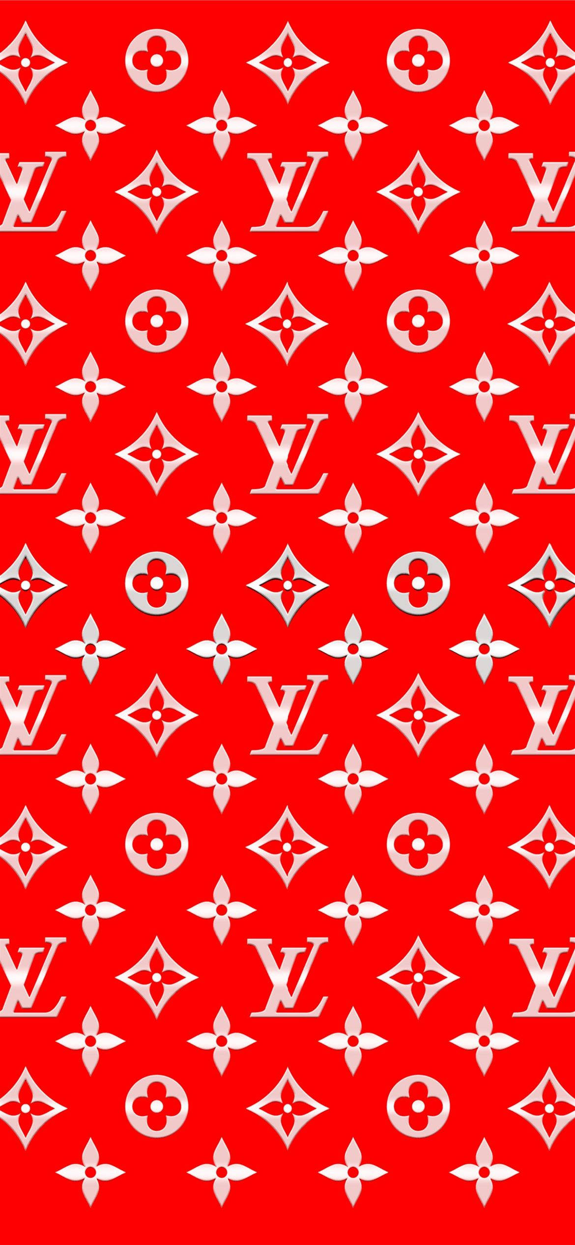 圖案 桌布 壁紙 — 鮮紅色牆紙，帶有重複的白色Louis Vuitton字母組合和花卉圖案，採用大膽的幾何圖案。