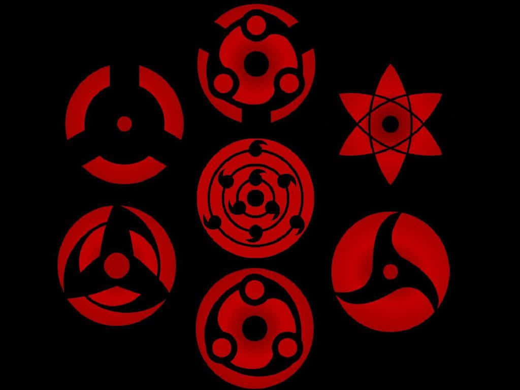 Kekkei Genkai 桌布 壁紙 — 鮮紅色的寫輪眼符號在純黑背景上以對稱排列發光。