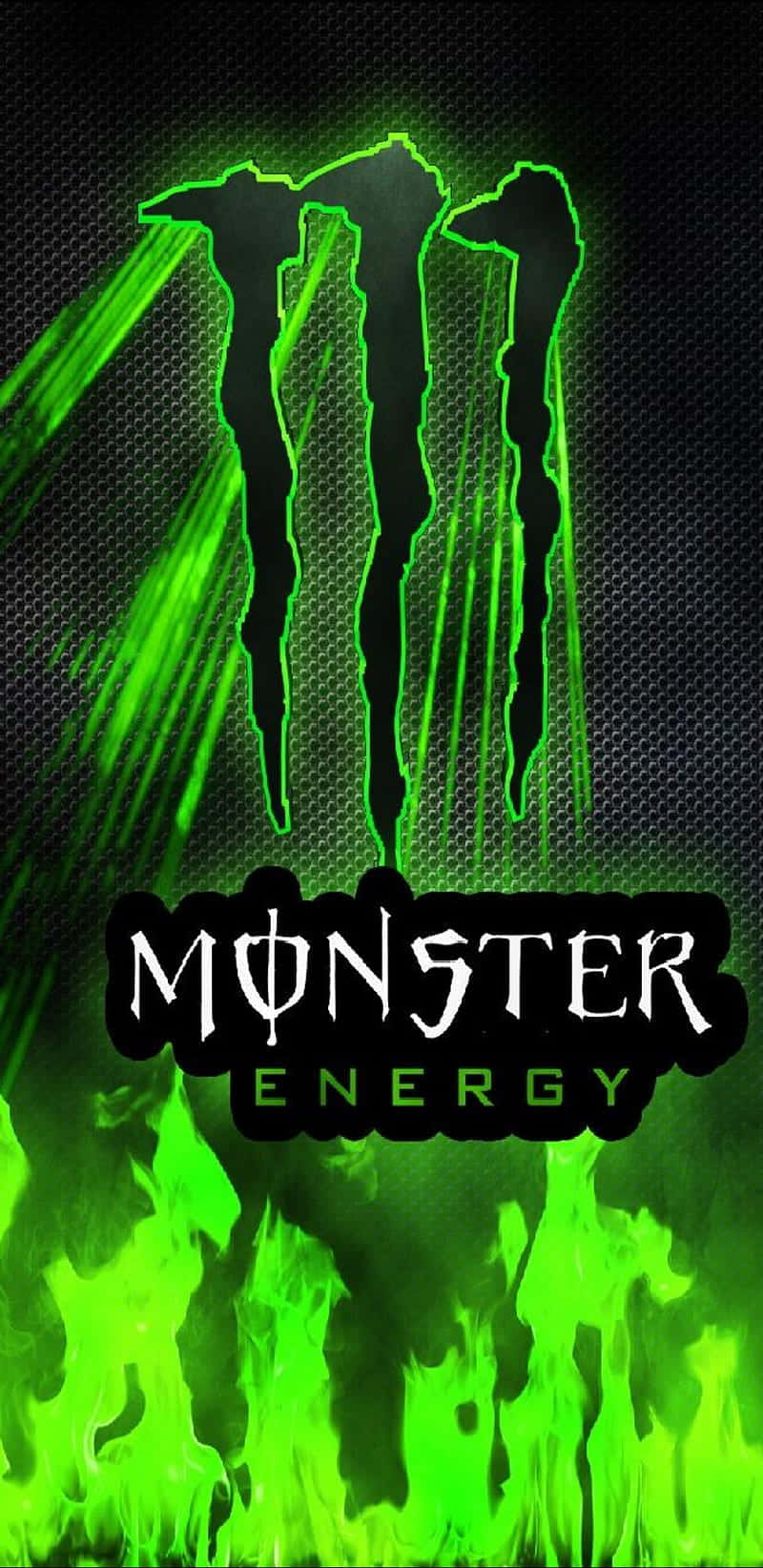Monster Energy 桌布 壁紙 — 鮮綠色Monster Energy標誌，帶有火焰，背景為深色網格。