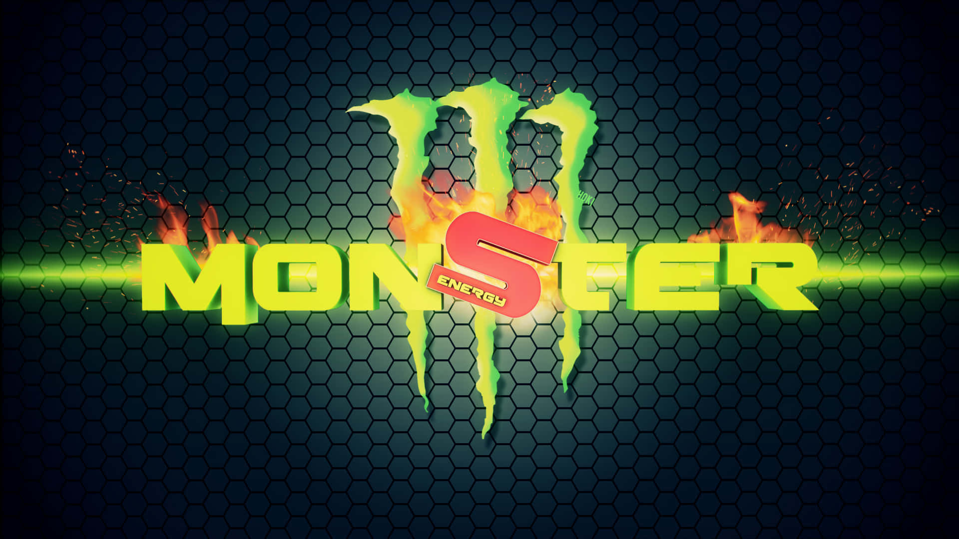 Monster Energy 桌布 壁紙 — 鮮綠色Monster Energy標誌，帶有從六角網格背景噴出的火焰。
