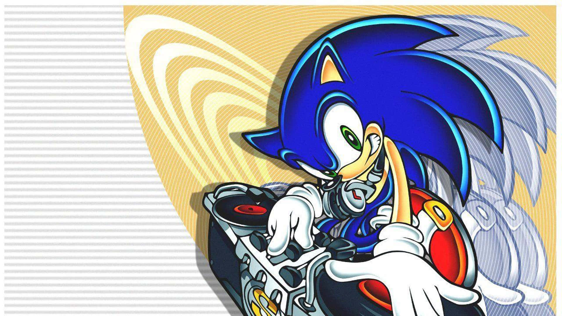 Sonic Art 桌布 壁紙 — 鮮藍色的超音鼠在動感黃色漩渦背景下於DJ唱盤上旋轉黑膠唱片。