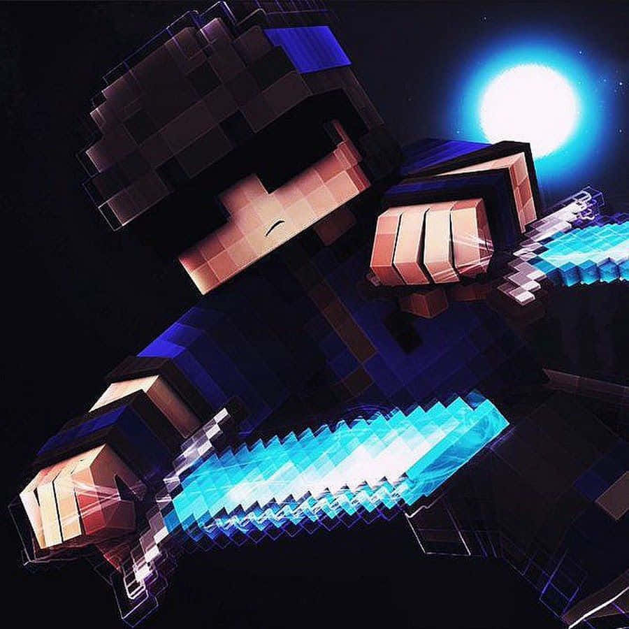 像素化Minecraft角色在明亮的月亮下拿著發光的藍色劍。