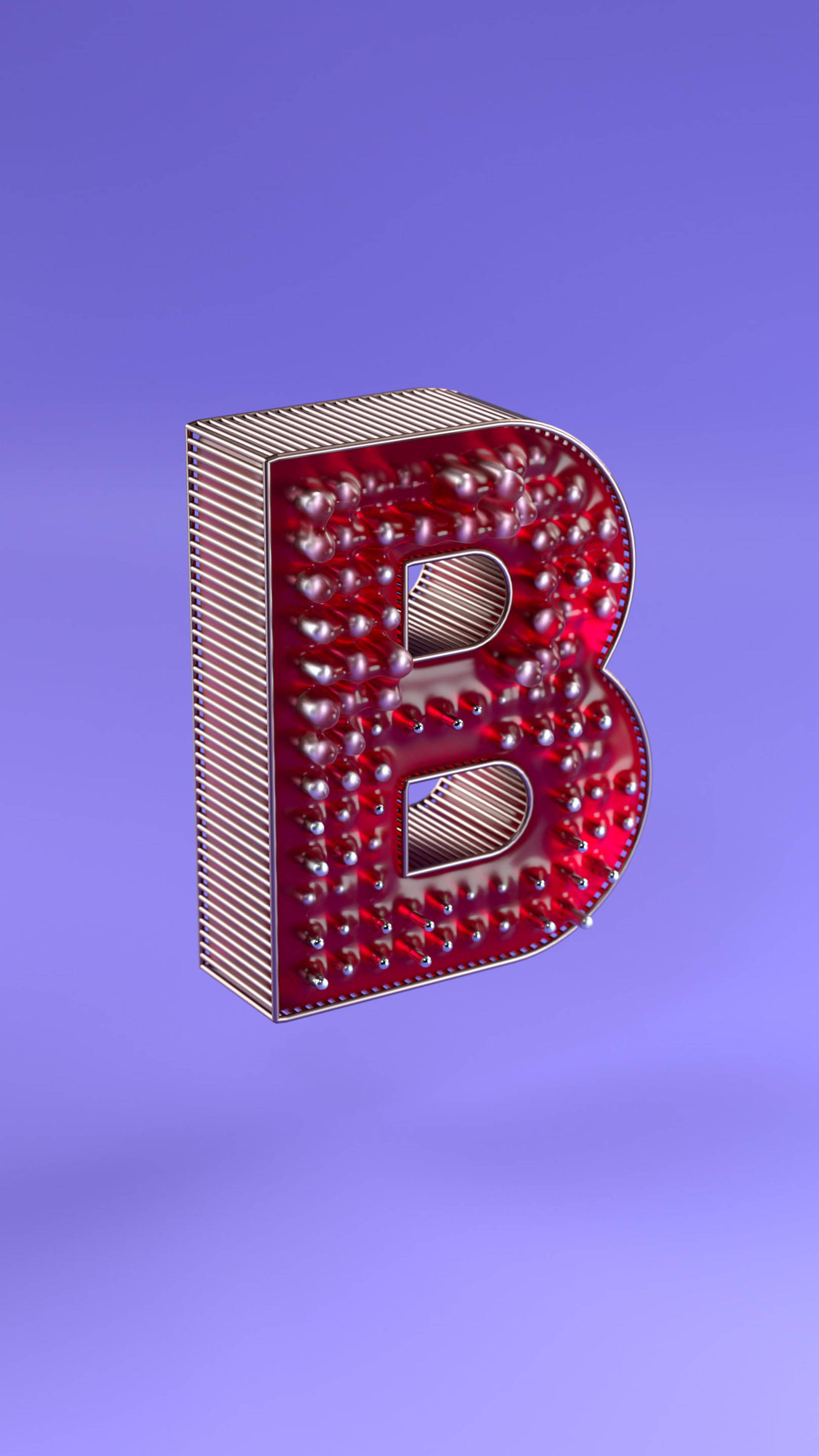 鮮豔3D紅色字母B 壁紙 — 一個發光的紅色3D字母B，飾有閃爍的燈泡，漂浮在柔和的紫色漸變背景上。