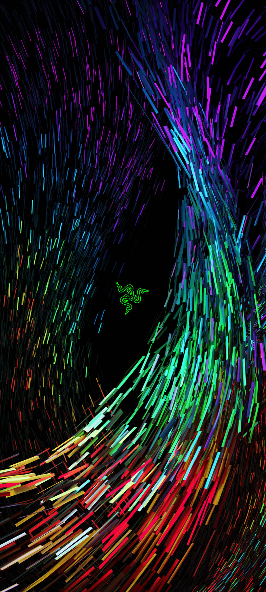 霓虹光條在發光的綠色Razer標誌周圍形成旋轉的漩渦。