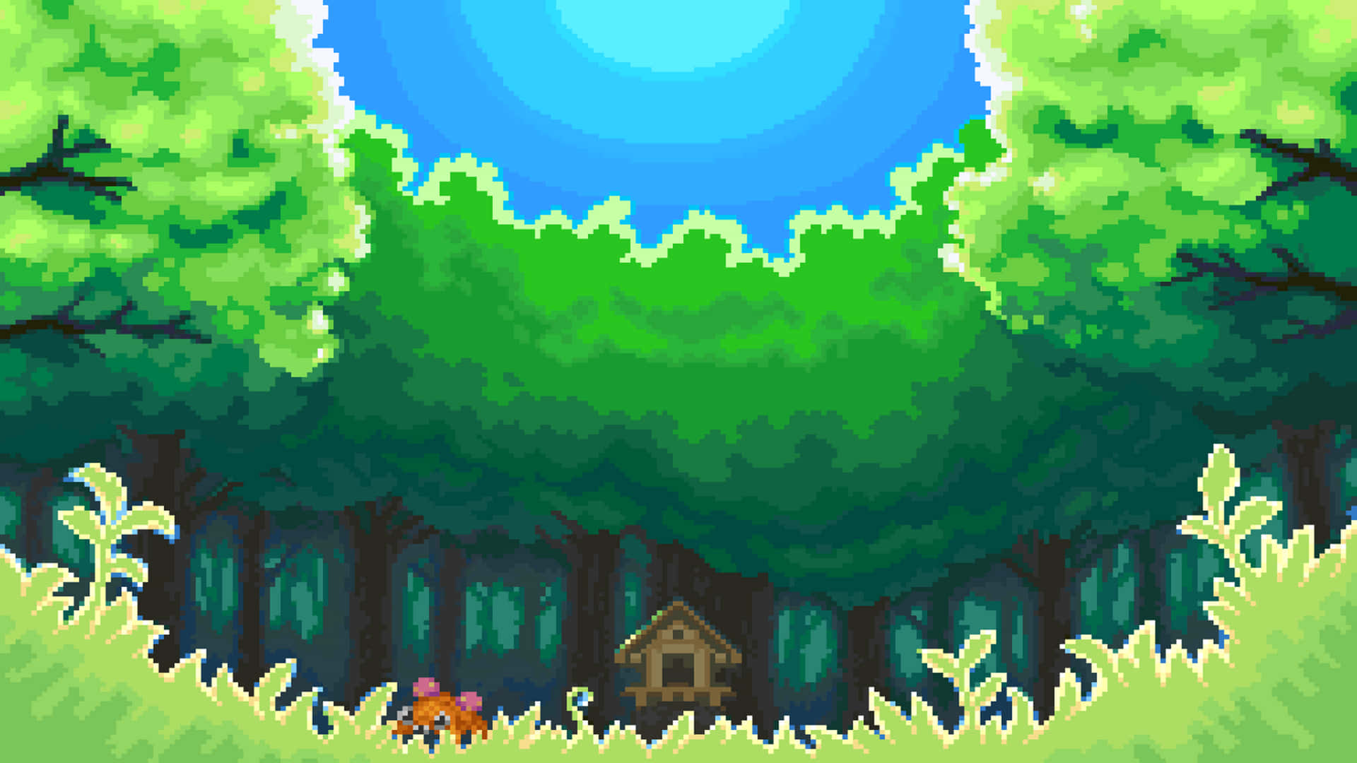 像素森林與小屋，晴朗天空
