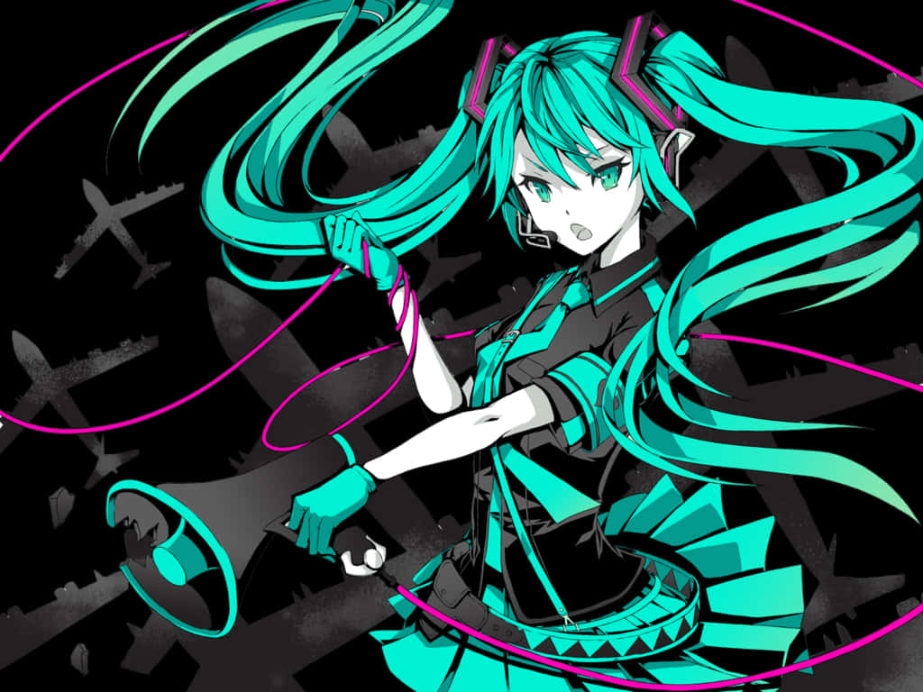 鮮豔初音未來藝術作品 壁紙 — 動漫角色，擁有藍綠色雙馬尾和粉紅色點綴，在黑暗背景中手持擴音器，背景有飛機剪影。