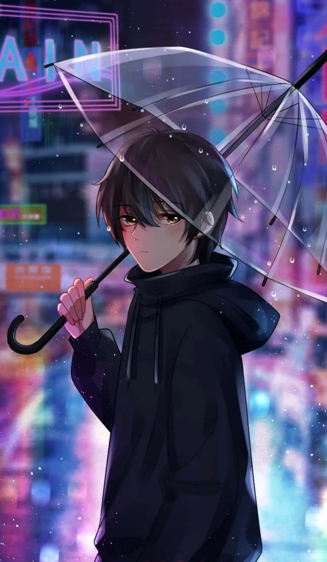 動漫男孩在霓虹城市中撐著透明雨傘