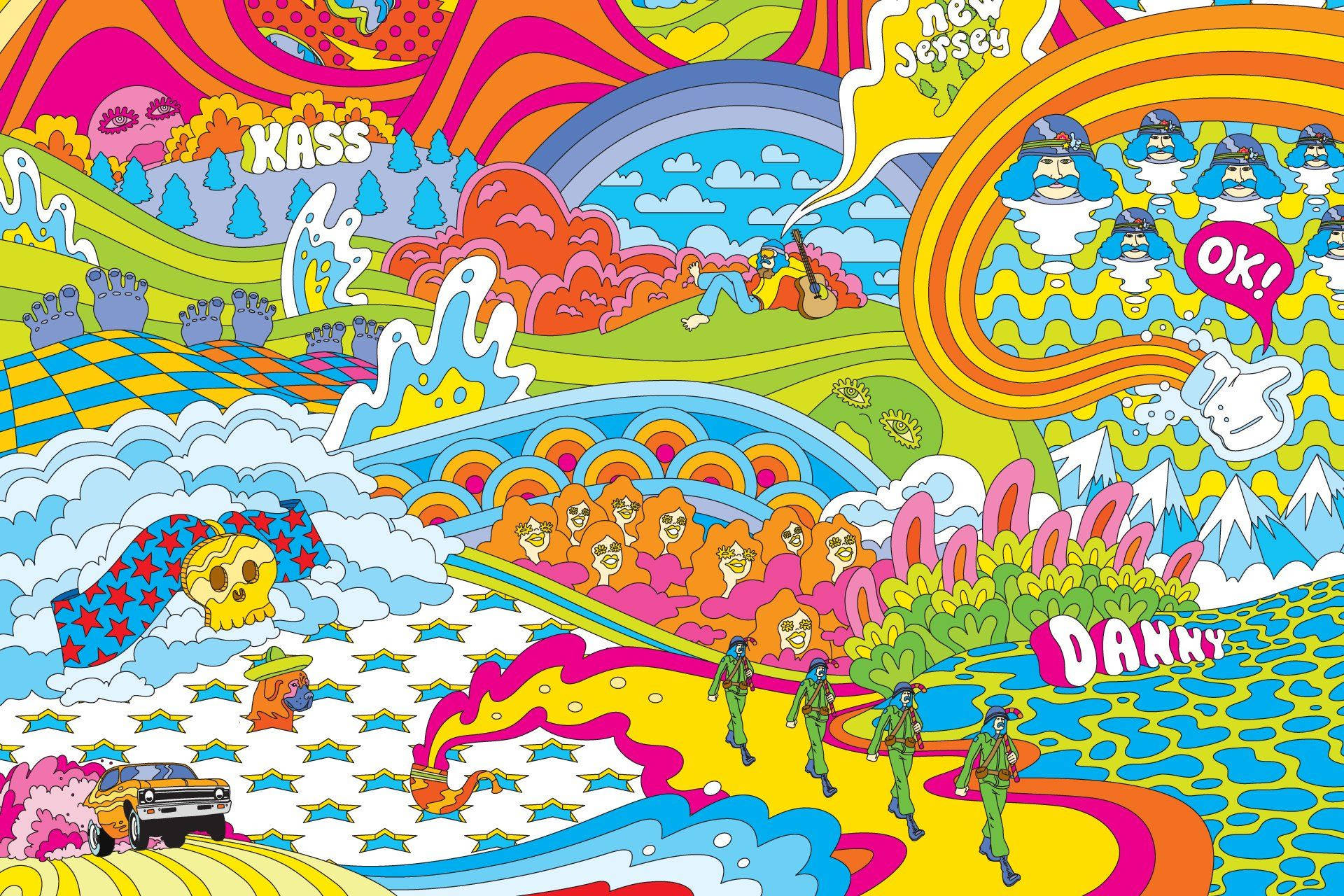 鮮豔卡通嬉皮插畫 壁紙 — 充滿活力的迷幻風景，彩虹山丘、卡通士兵和浮動文字，色彩大膽飽和。