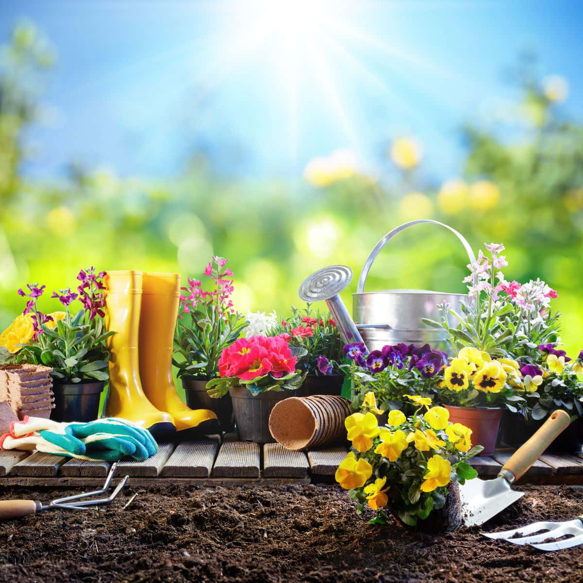 Gardening 桌布 壁紙 — 鮮豔嘅園藝工具同盛開嘅花朵擺放喺木甲板上，喺晴朗嘅天空下。