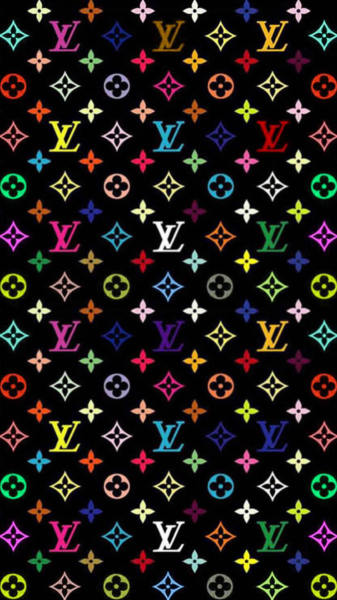圖案 桌布 壁紙 — 鮮豔多彩的 Louis Vuitton 字母組合標誌在純黑背景上以密集圖案重複排列。