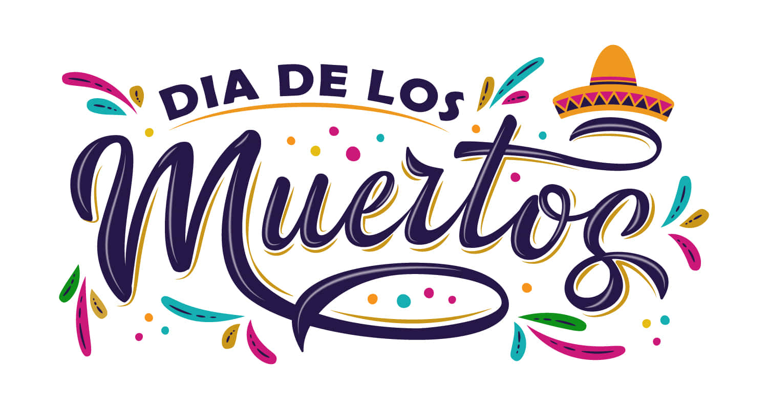 亡靈節 桌布 壁紙 — 鮮豔多彩的字體拼出Dia de los Muertos，搭配墨西哥闊邊帽和節日五彩紙屑點綴。