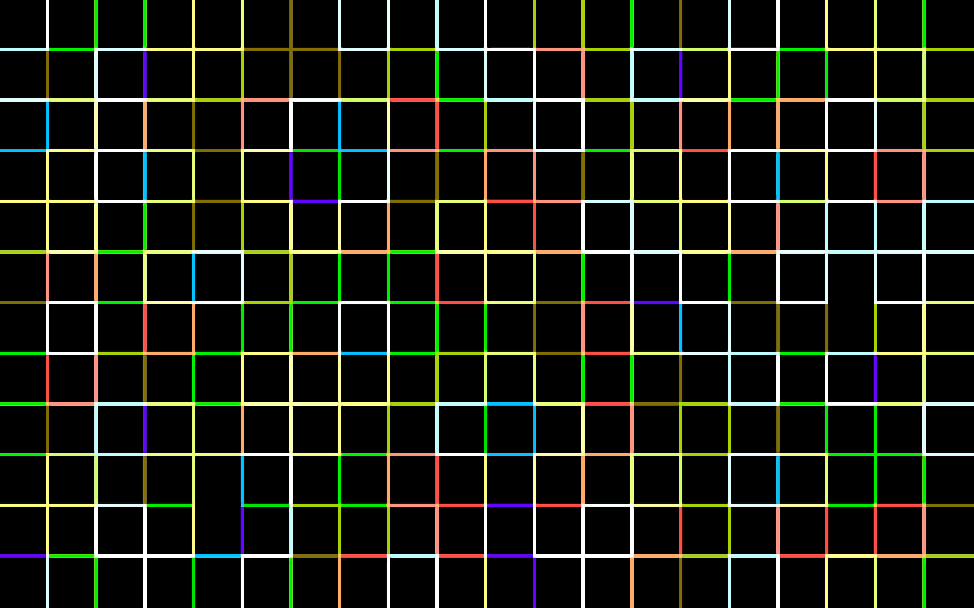grid 桌布 壁紙 — 鮮豔多彩的網格線在黑色背景上交錯，形成大膽的幾何圖案。