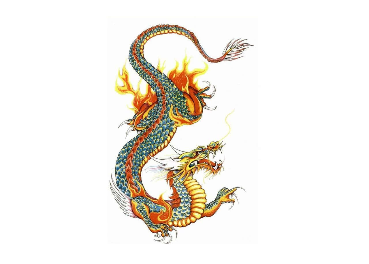 鮮豔大膽的日本紋身設計 壁紙 — 一條充滿活力的雙頭龍，帶有火熱的橙色火焰和青綠色鱗片，在純白色背景上動態盤繞。