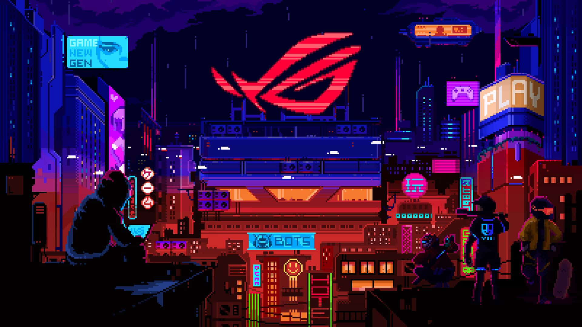 夜晚霓虹燈照亮像素藝術城市，有遊戲玩家和 ROG 標誌。