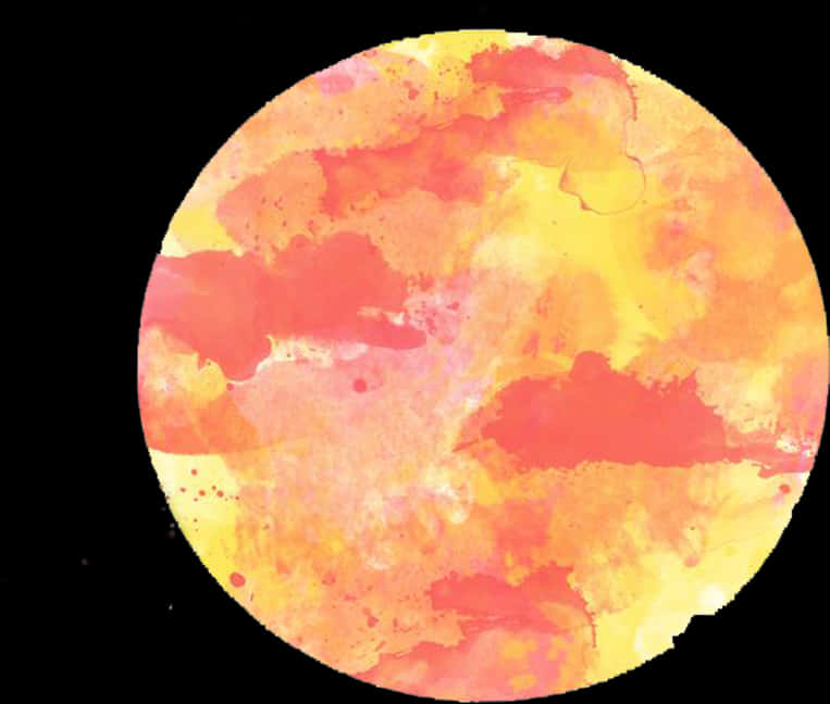 鮮豔太陽水彩 壁紙 — 一個充滿活力的水彩圓圈，帶有橙色、粉紅色和黃色色調，襯托在純黑背景上。
