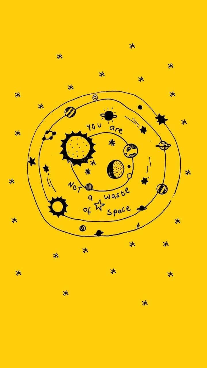 手繪太陽系，行星和星星在黃色背景上，帶有勵志文字。