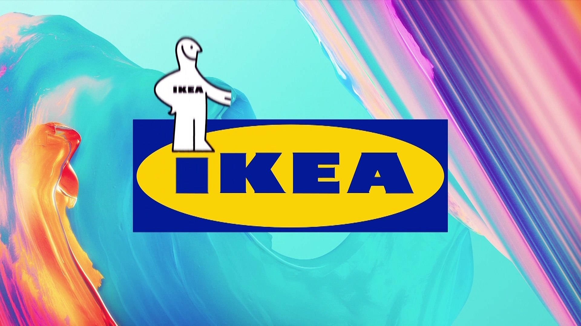 Ikea 標誌與吉祥物在彩色抽象背景上