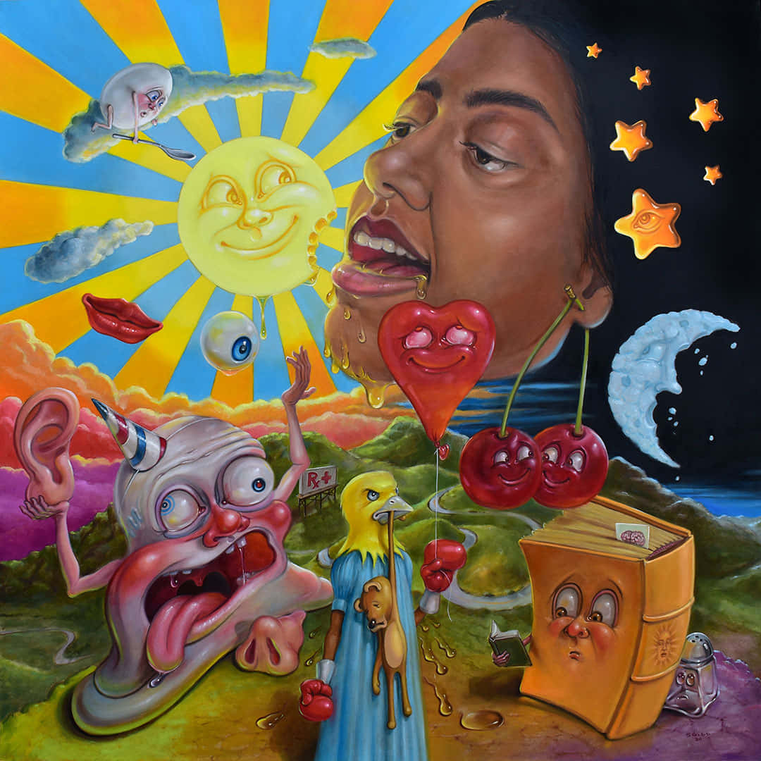 鮮豔幾何圖案封面藝術 壁紙 — 一幅超現實主義繪畫描繪了一張巨大的臉，帶有融化的糖果心臟和微笑的太陽，而異想天開的生物和漂浮的星星充滿了夢幻般的風景。