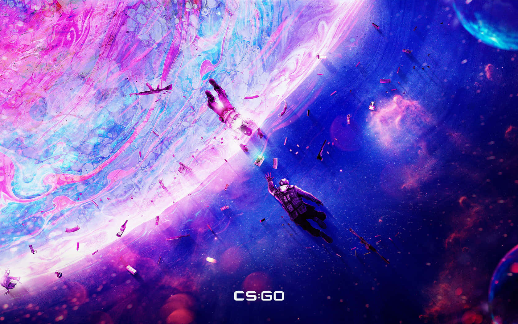 兩名CS:GO玩家在色彩繽紛的宇宙星雲中漂流，伴有漂浮碎片。