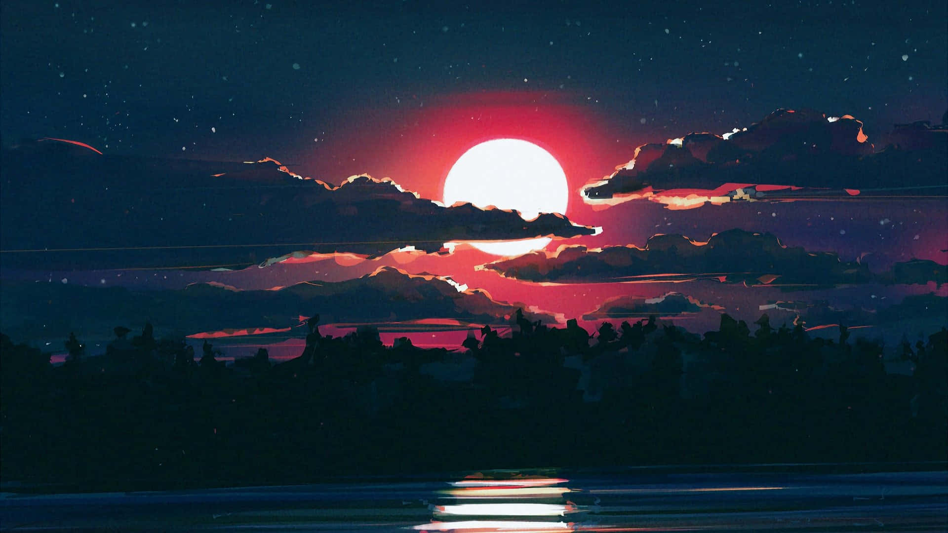 紅日落於雲後，水面有森林剪影和星星